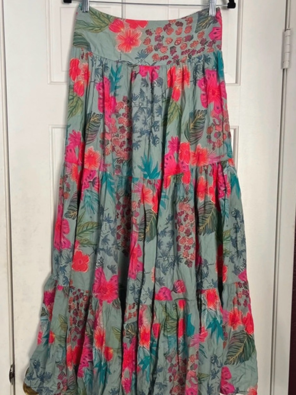 NATURAL LIFE Teal Maxi Skirt with Bright Pink Floral Print